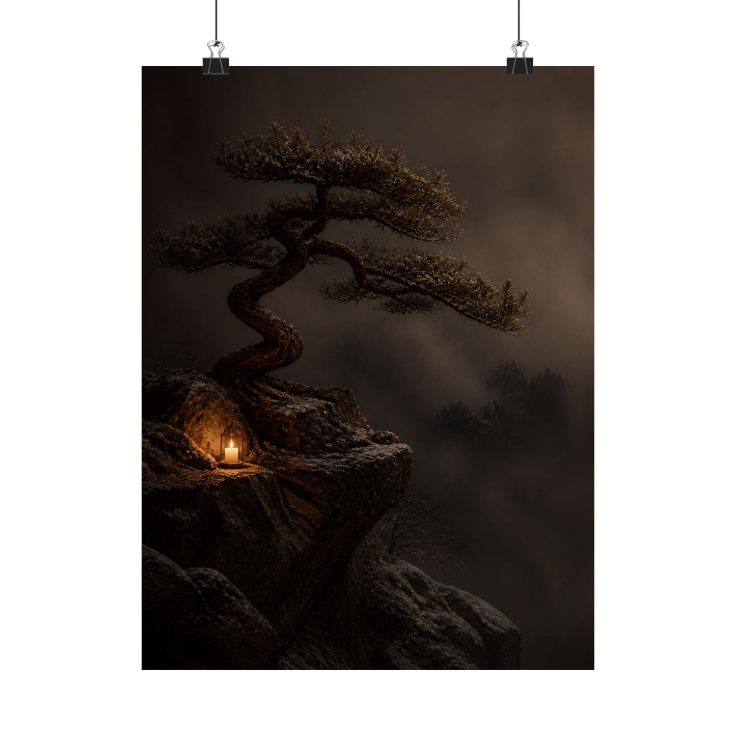 Candlelight Pine Tree Wall Art Print - Dark Japandi Kanso