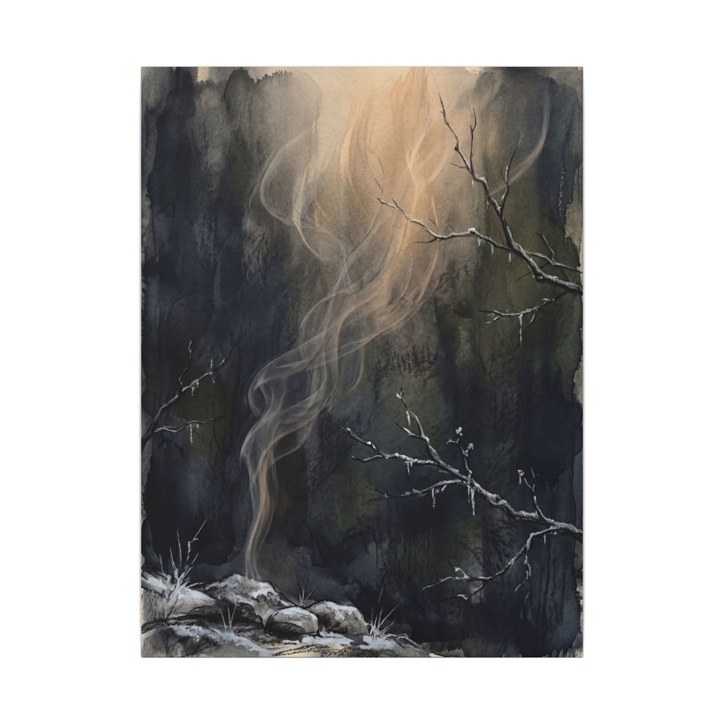 Incense Smoke Winter Canvas Art | Dark Japandi Moody Design