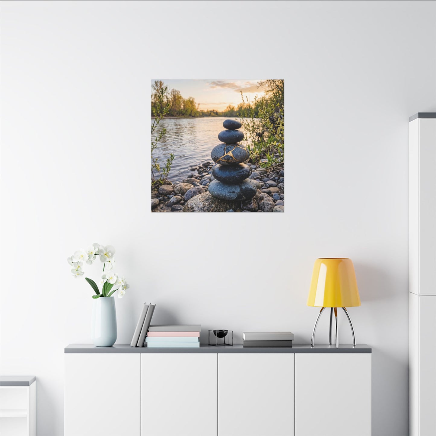 Kintsugi River Stones in Golden Hour | Gold Vein Canvas Art