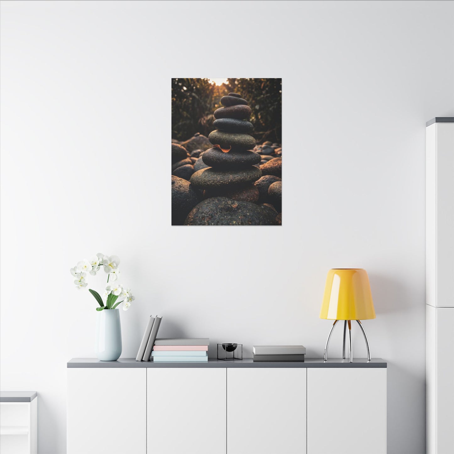 Dark Japandi River Stones in Golden Hour | Moody Minimal Canvas Art