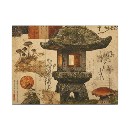 Stone Lantern Mushroom Illustration Canvas Art | Nostalgic Cottagecore Art