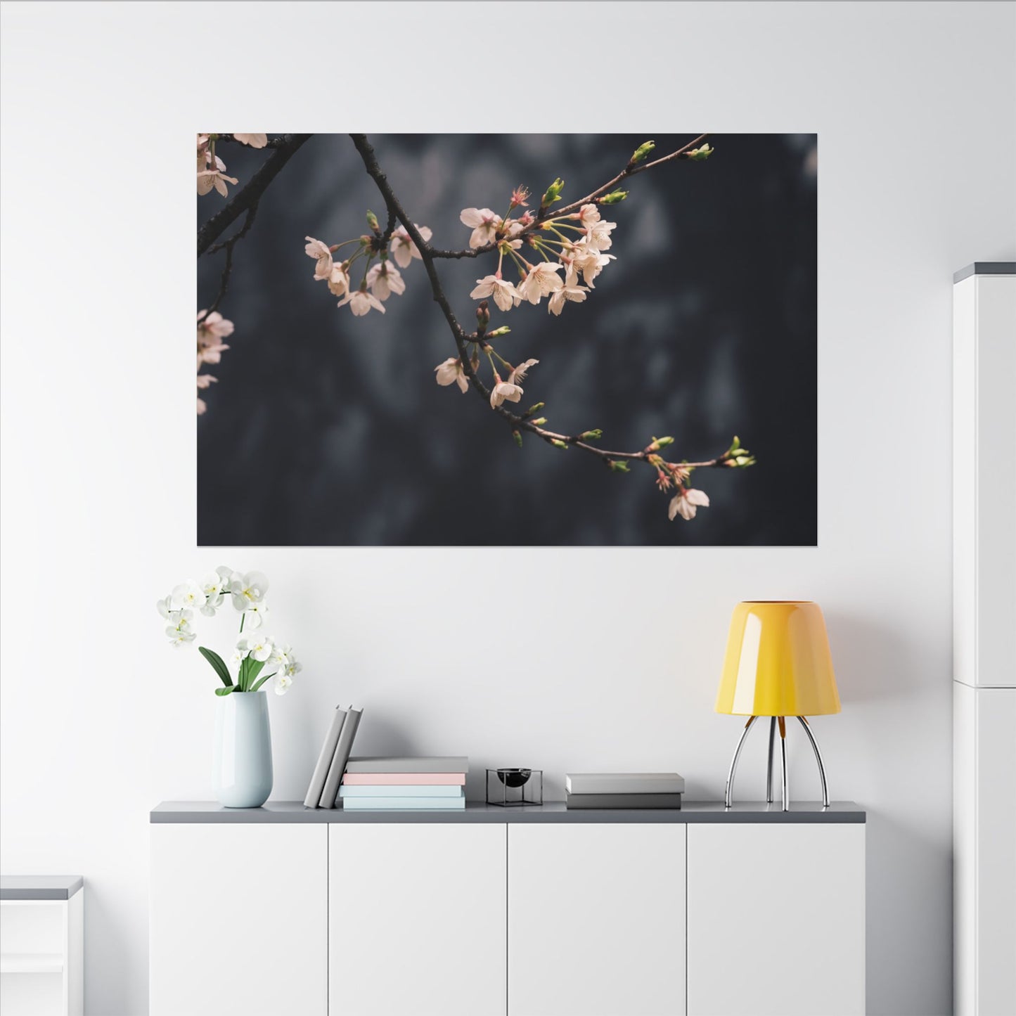 Cherry Blossom Moody Minimal Canvas Art | Bold Dark Japandi Art