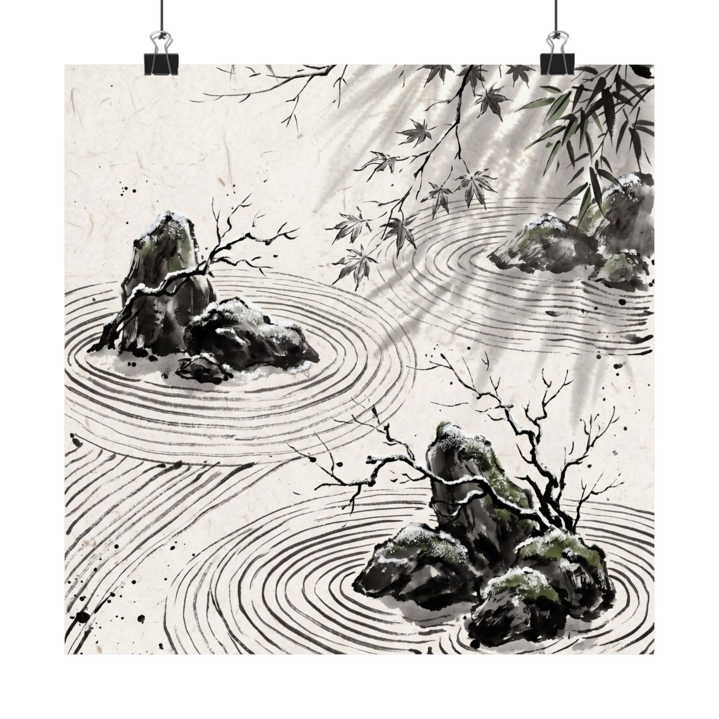 Winter Rock Garden Sumi E Wall Art Print | Serene Decor