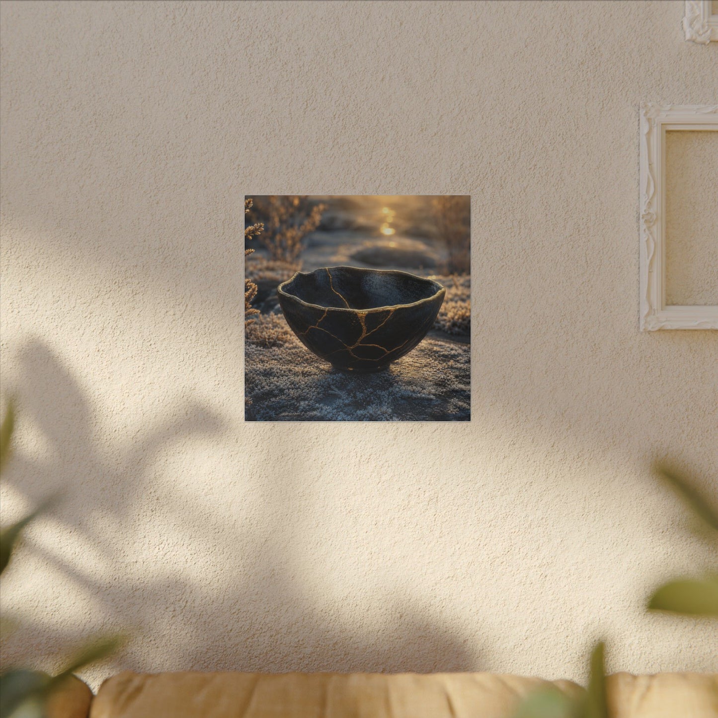 Ceramic Bowl Canvas Art | Winter Kintsugi Gold Repair Art