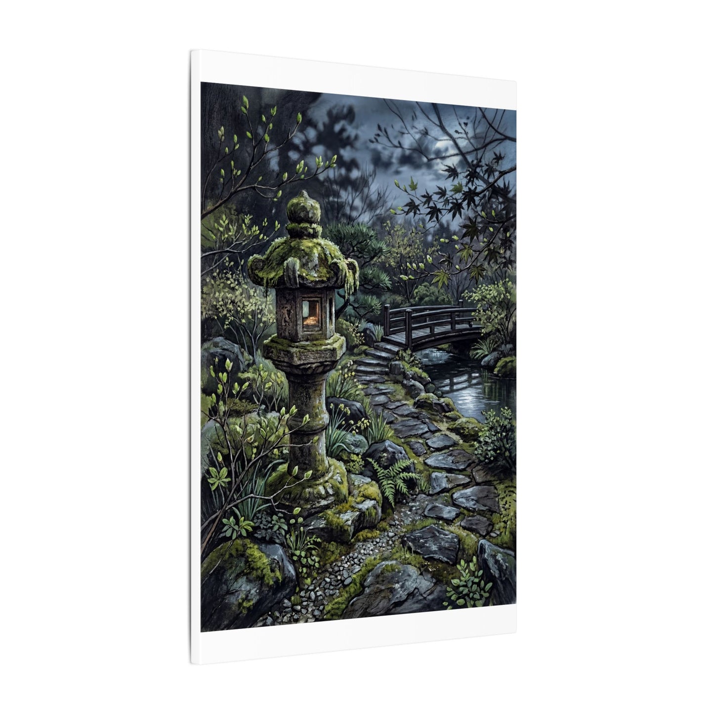 Japandi Stone Lantern in Moonlight | Texture Canvas Art
