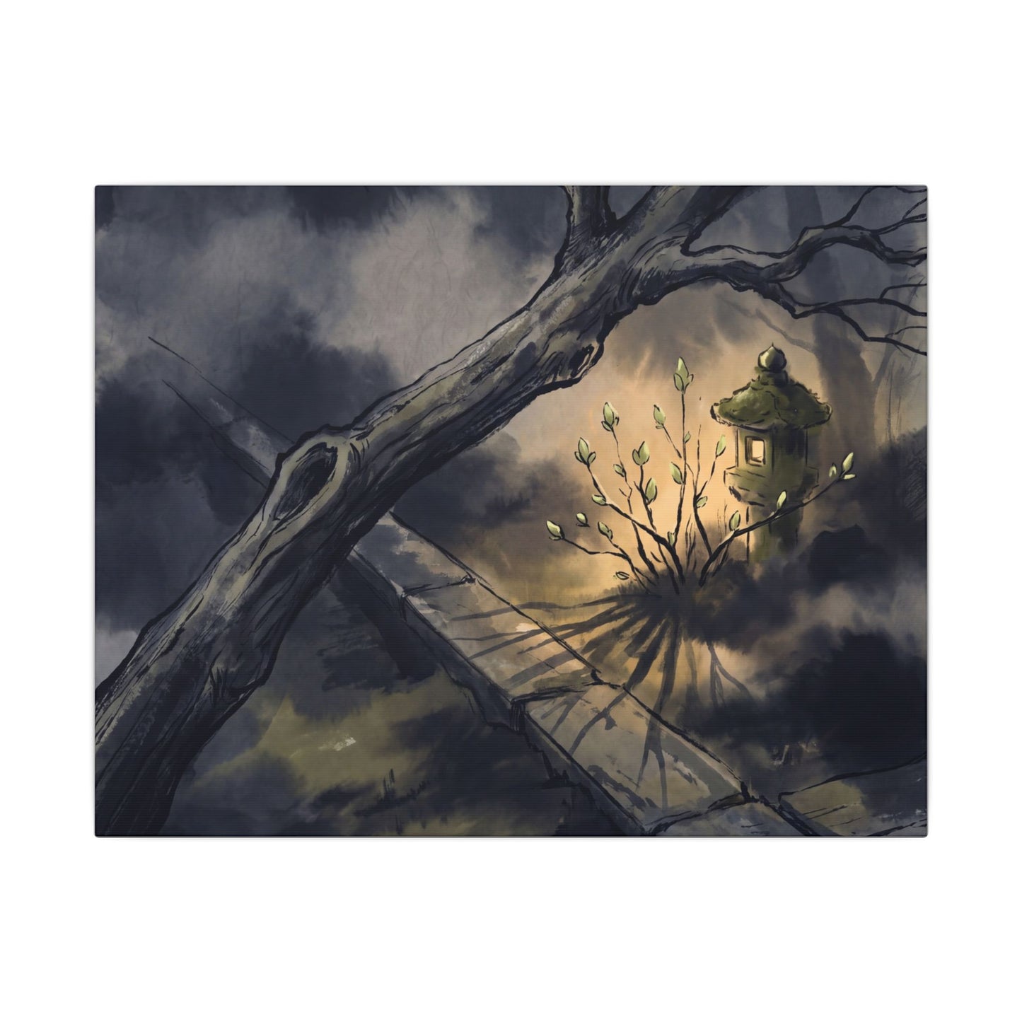 Dark Japandi Moonlit Garden in Golden Hour | Charcoal Ink Canvas Art