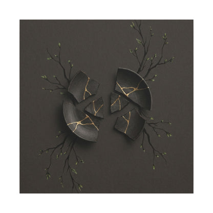 Sophisticated Broken Pottery Canvas Art - Charcoal Ink Dark Japandi