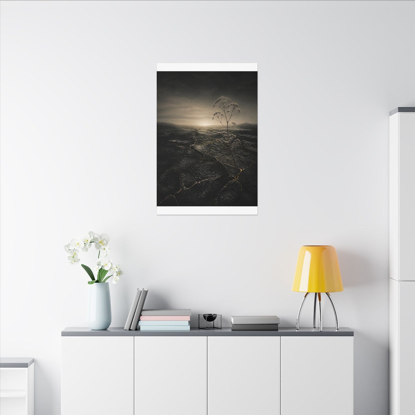 Dawn Cracked Earth Canvas Art - Dark Japandi Mono No Aware