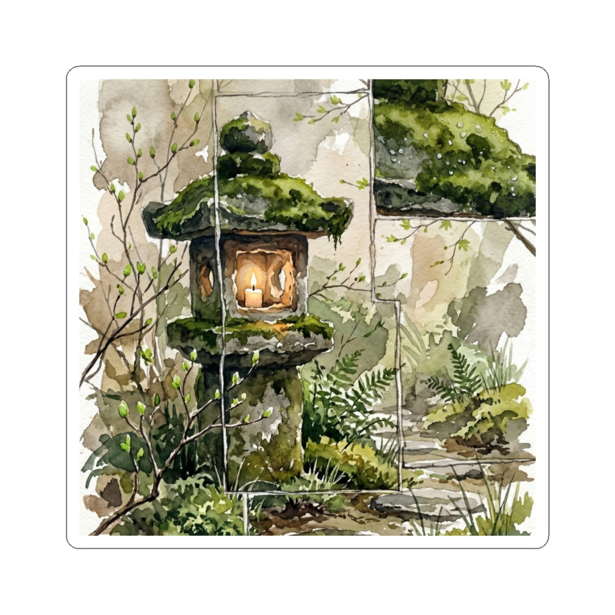 Stone Lantern Sticker | Spring Japandi Watercolor Art