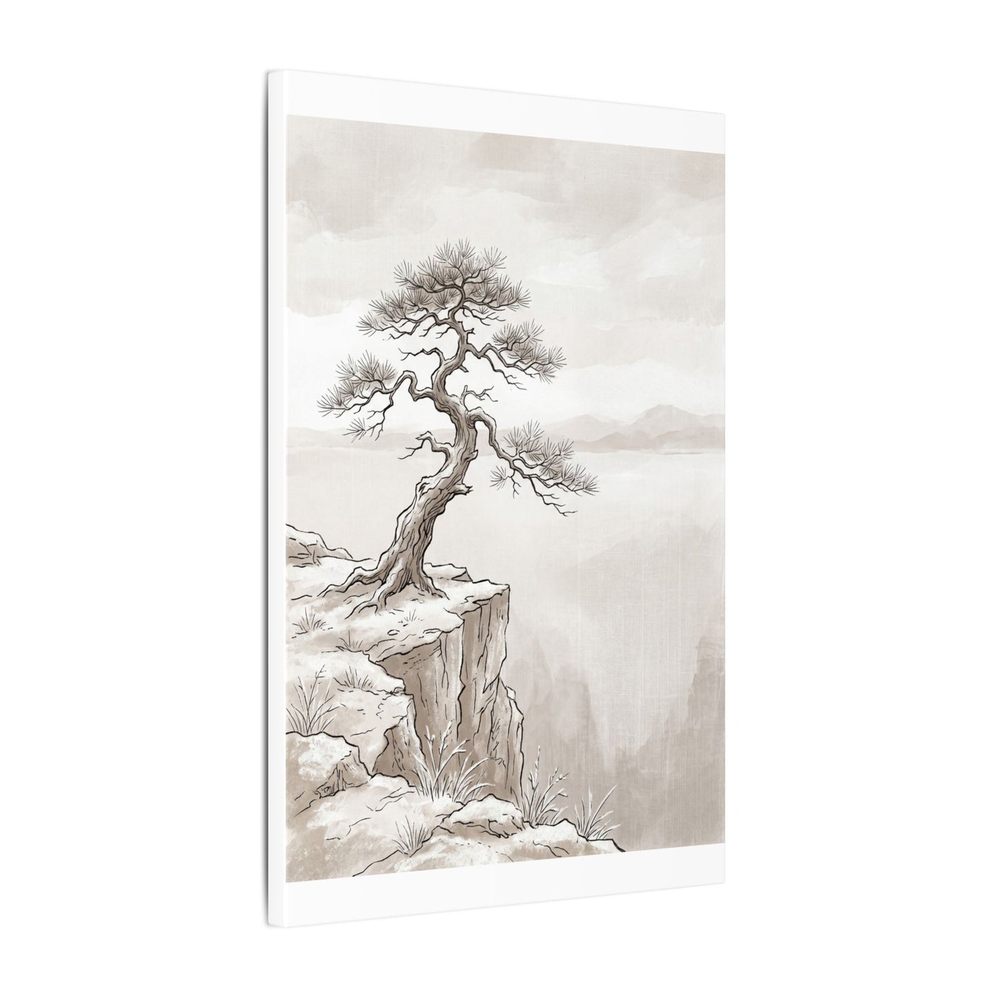 Neutral Pine Tree Canvas Art - Minimal Line Japandi