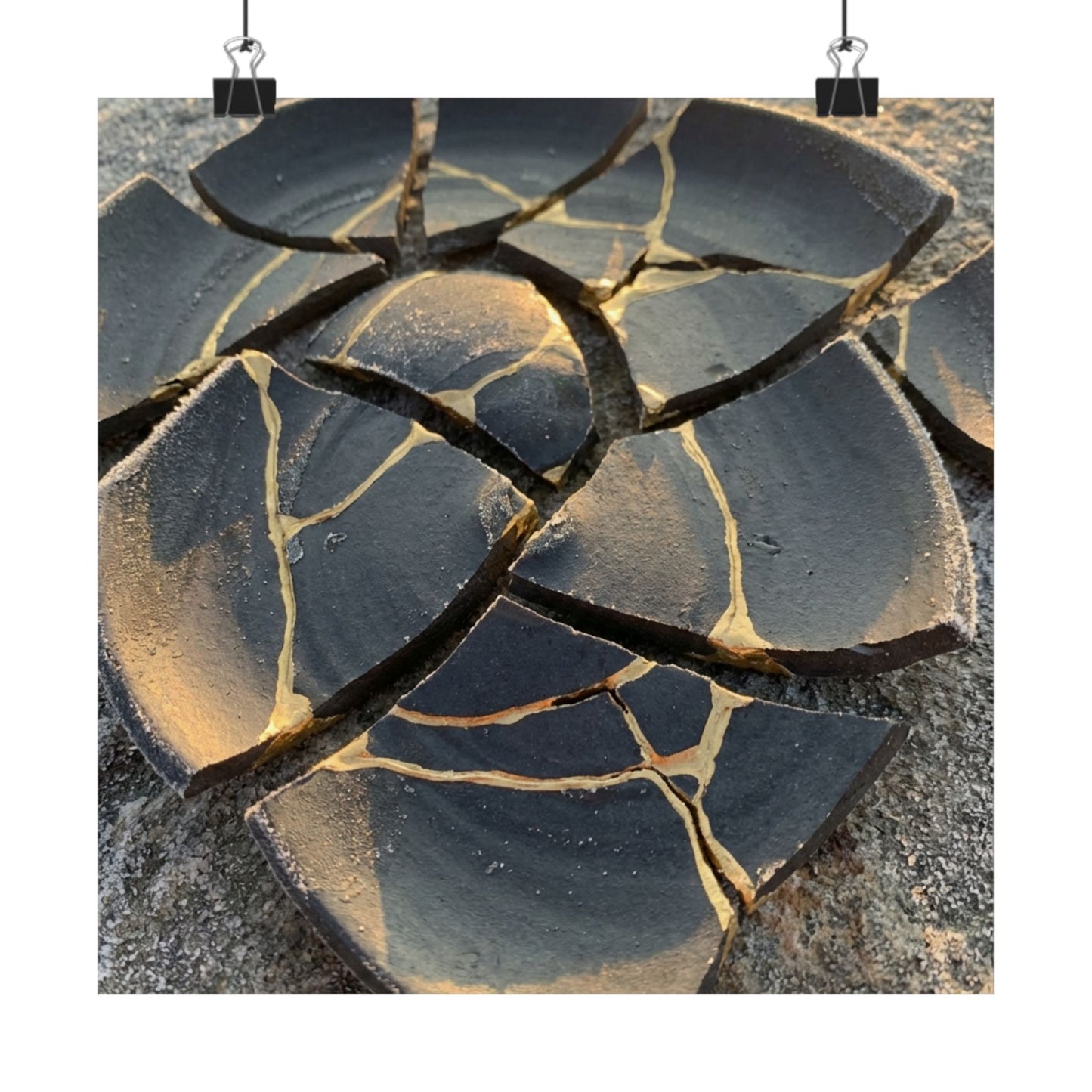 Broken Pottery Wall Art Print | Winter Kintsugi Gold Vein Art Art Print