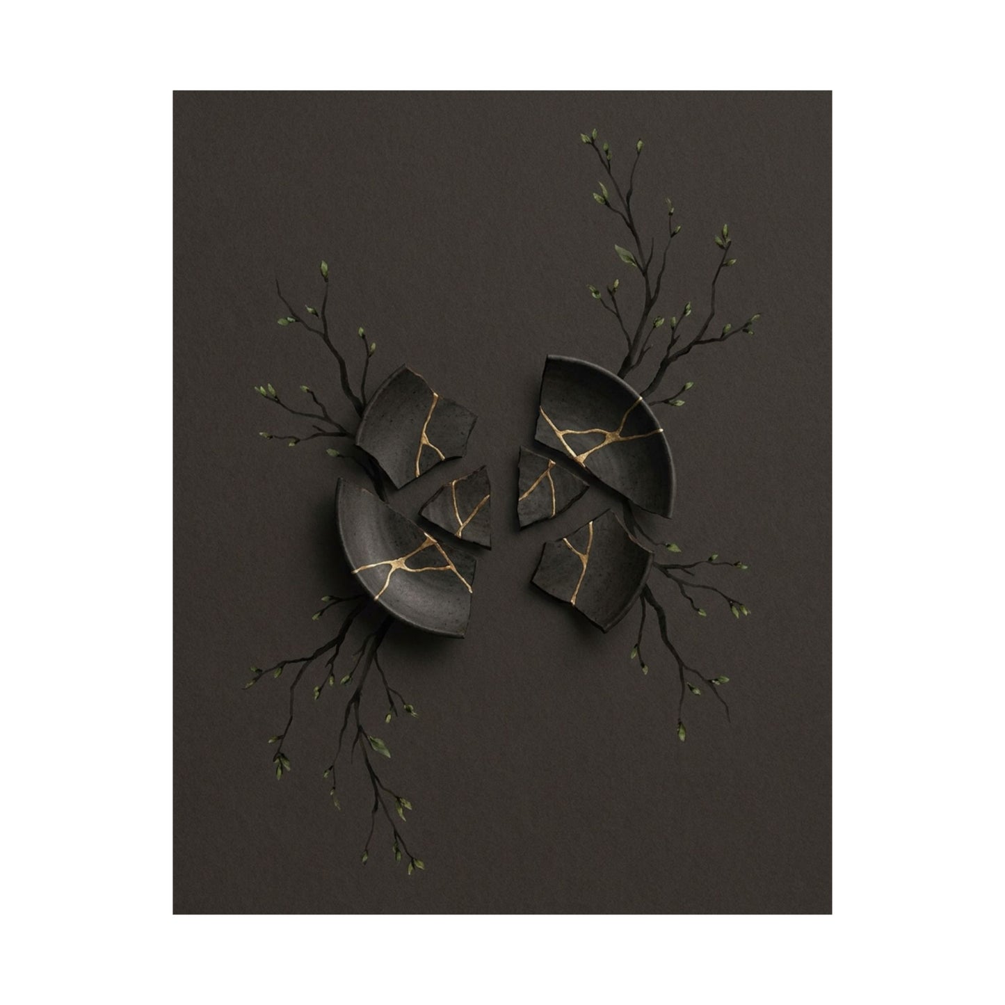 Dark Japandi Broken Pottery in Overcast | Charcoal Ink Wall Art Print