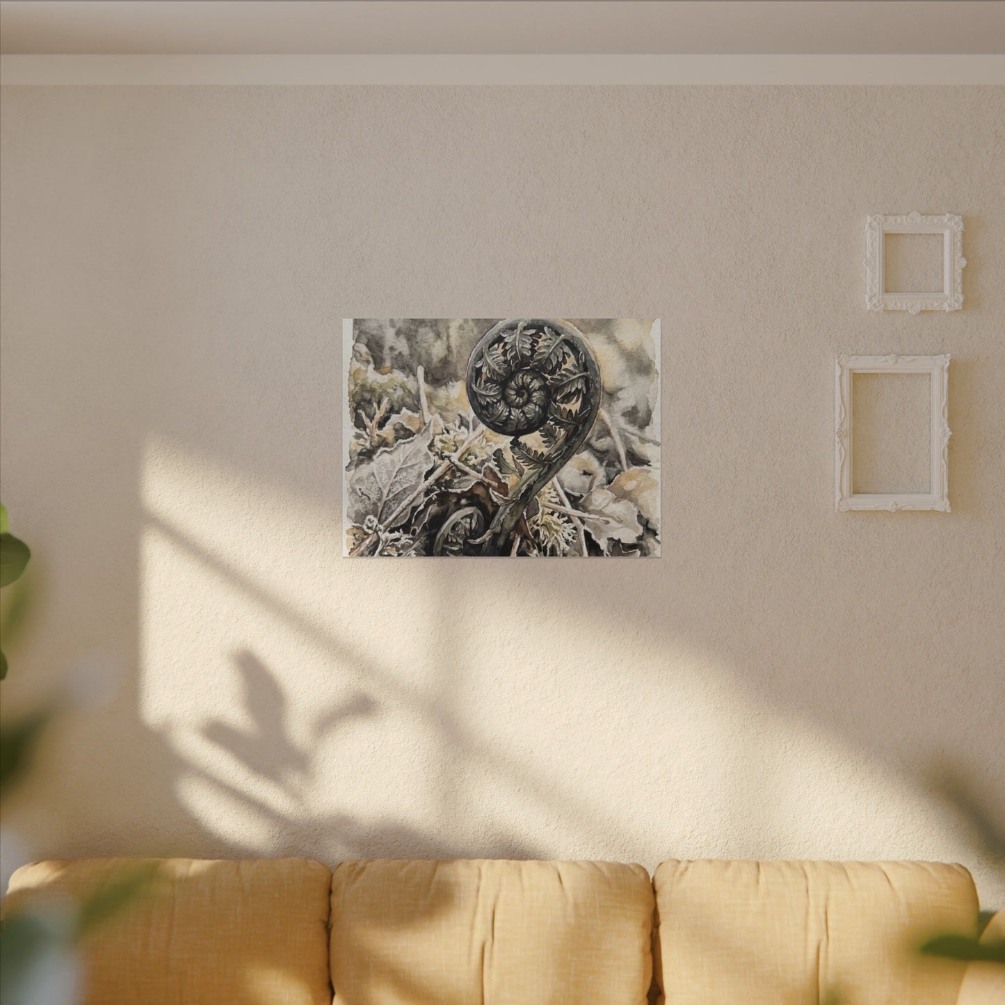 Japandi Fern Unfurling in Golden Hour | Watercolor Canvas Art