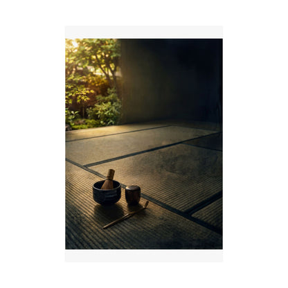 Dark Japandi Tea Ceremony in Golden Hour | Dark Texture Wall Art Print