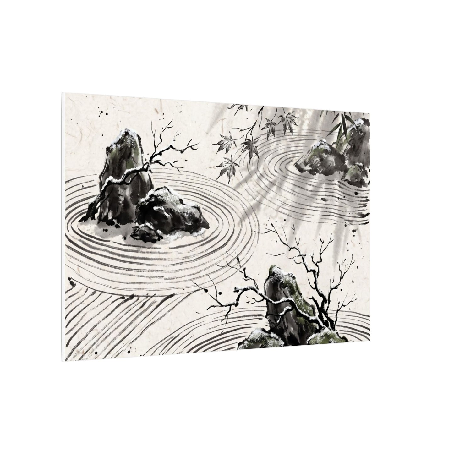 Rock Garden Canvas Art | Winter Zen Sumi E Art