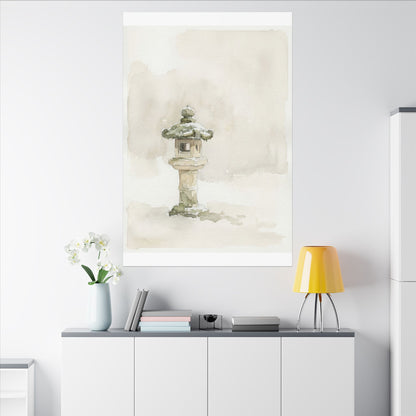 Stone Lantern Winter Canvas Art | Japandi Earthy Design