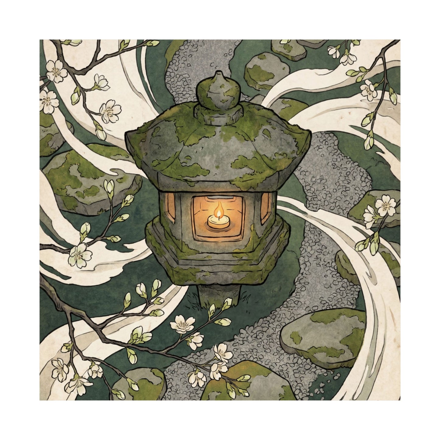 Stone Lantern Spring Wall Art Print | Zen Contemplative Design