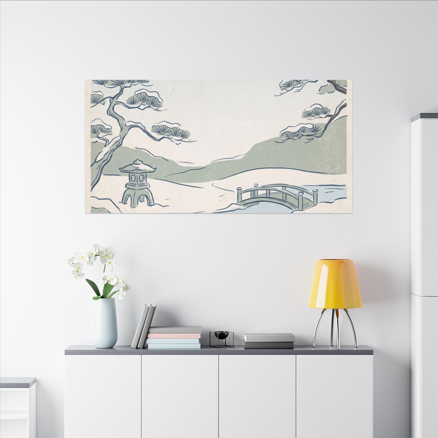 Japandi Moonlit Garden in Moonlight | Minimal Line Canvas Art