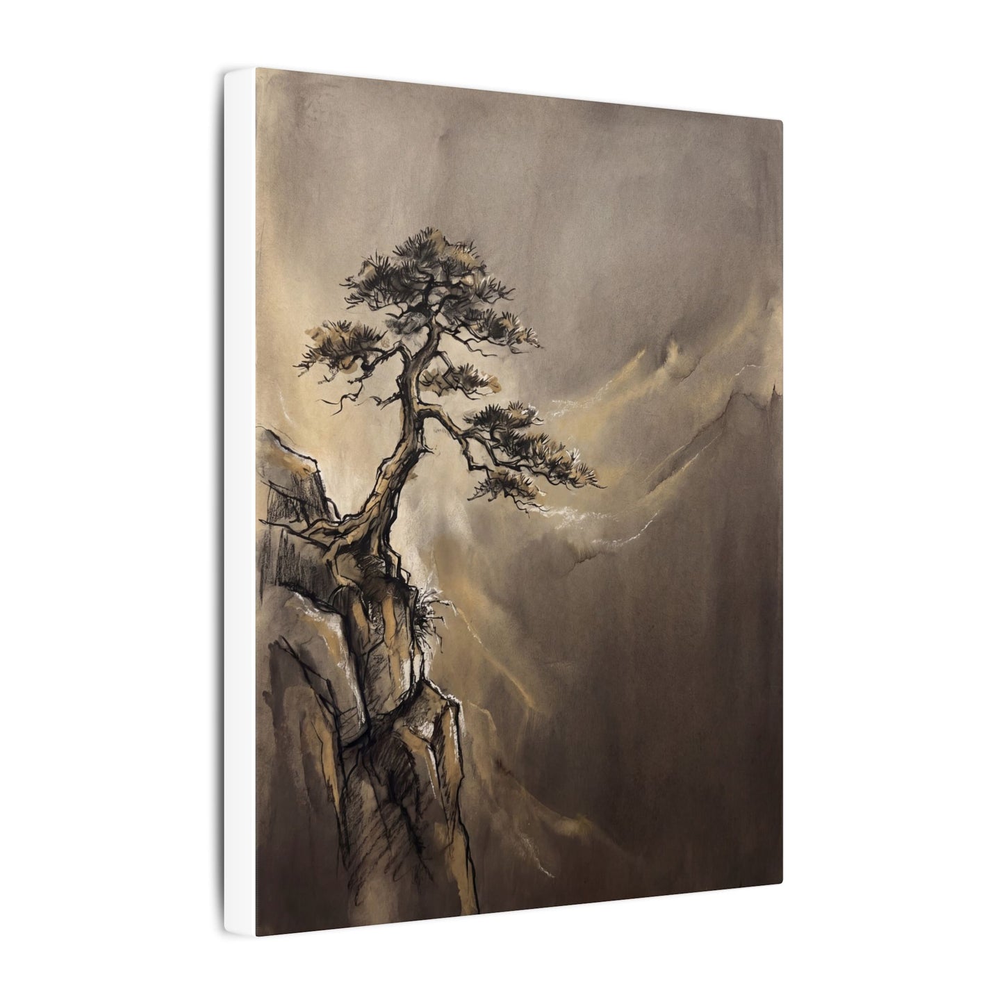 Pine Tree Charcoal Ink Canvas Art | Luxurious Dark Japandi Art