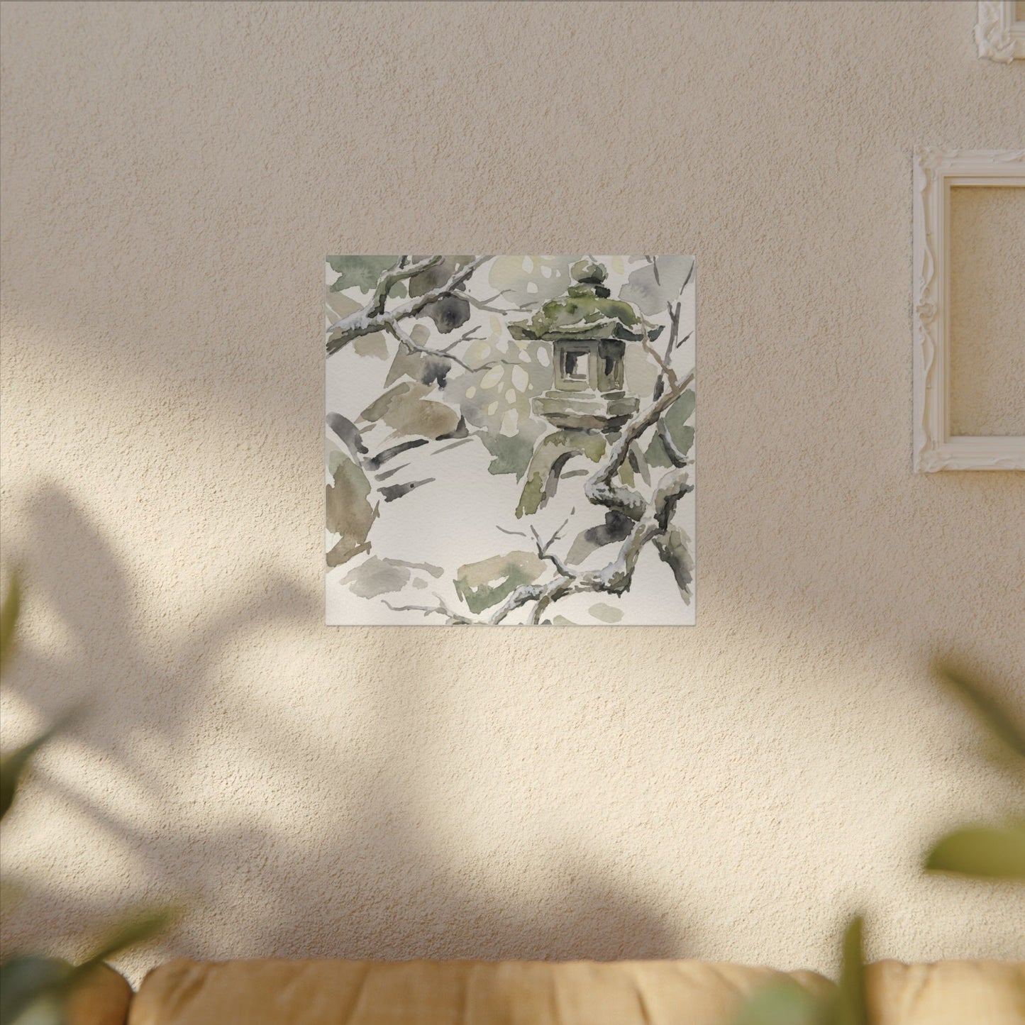 Elegant Stone Lantern Canvas Art - Watercolor Japandi