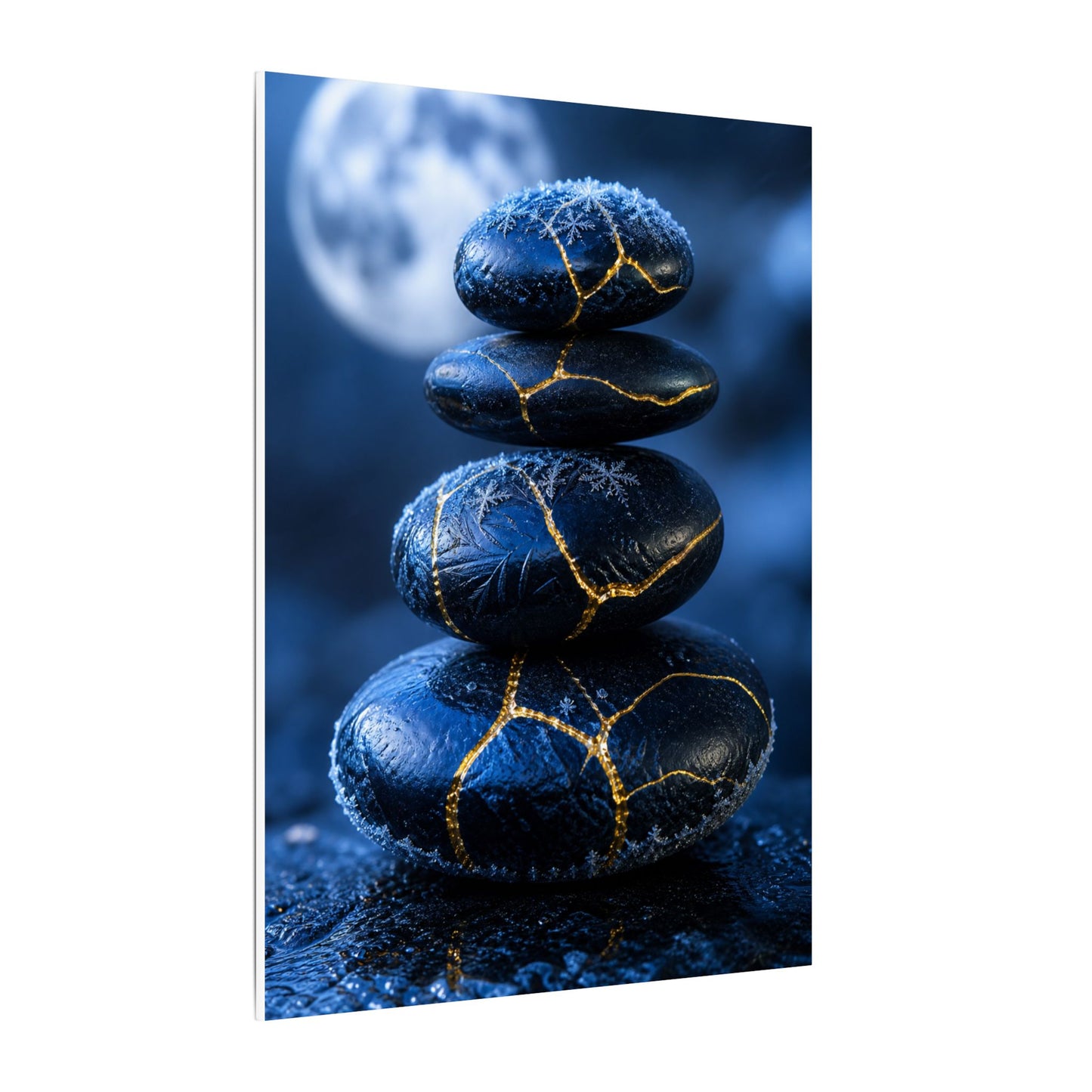 River Stones Canvas Art | Winter Kintsugi Gold Repair Art