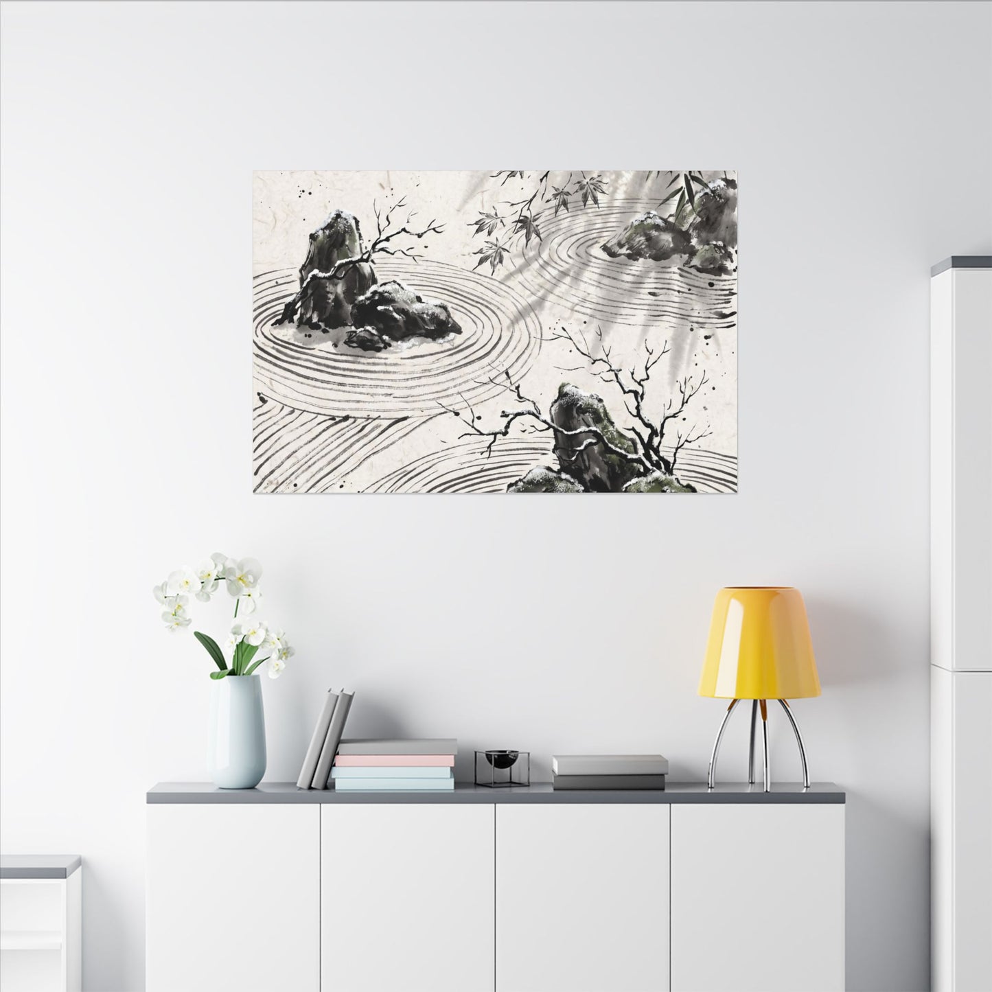 Rock Garden Canvas Art | Winter Zen Sumi E Art