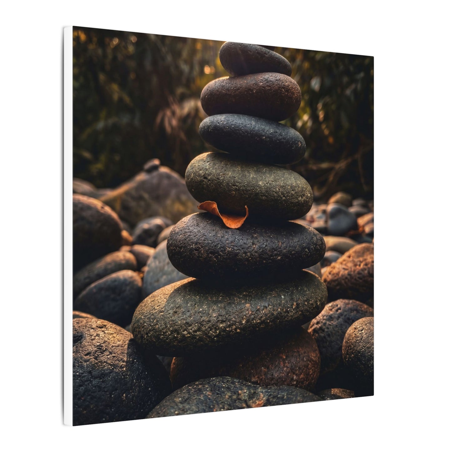 Dark Japandi River Stones in Golden Hour | Moody Minimal Canvas Art