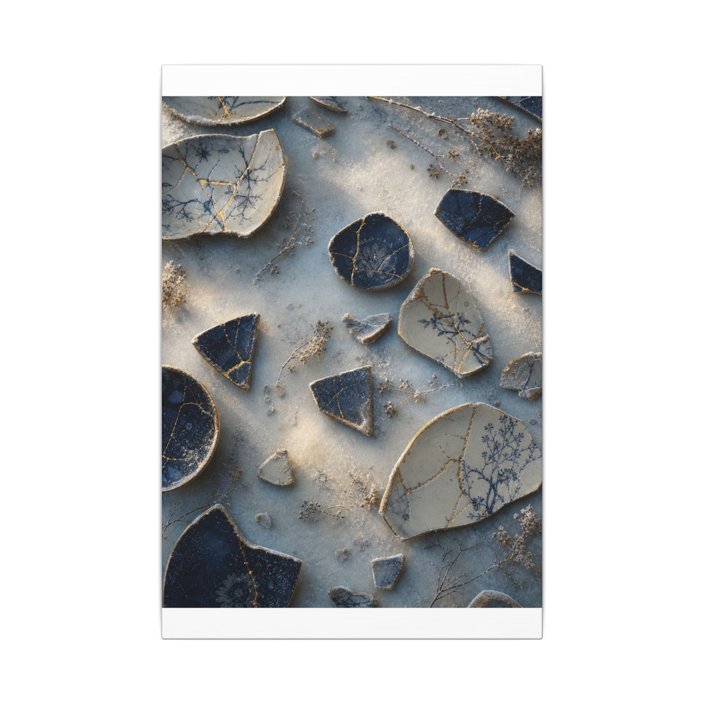 Broken Pottery Canvas Art | Winter Kintsugi Gold Vein Art
