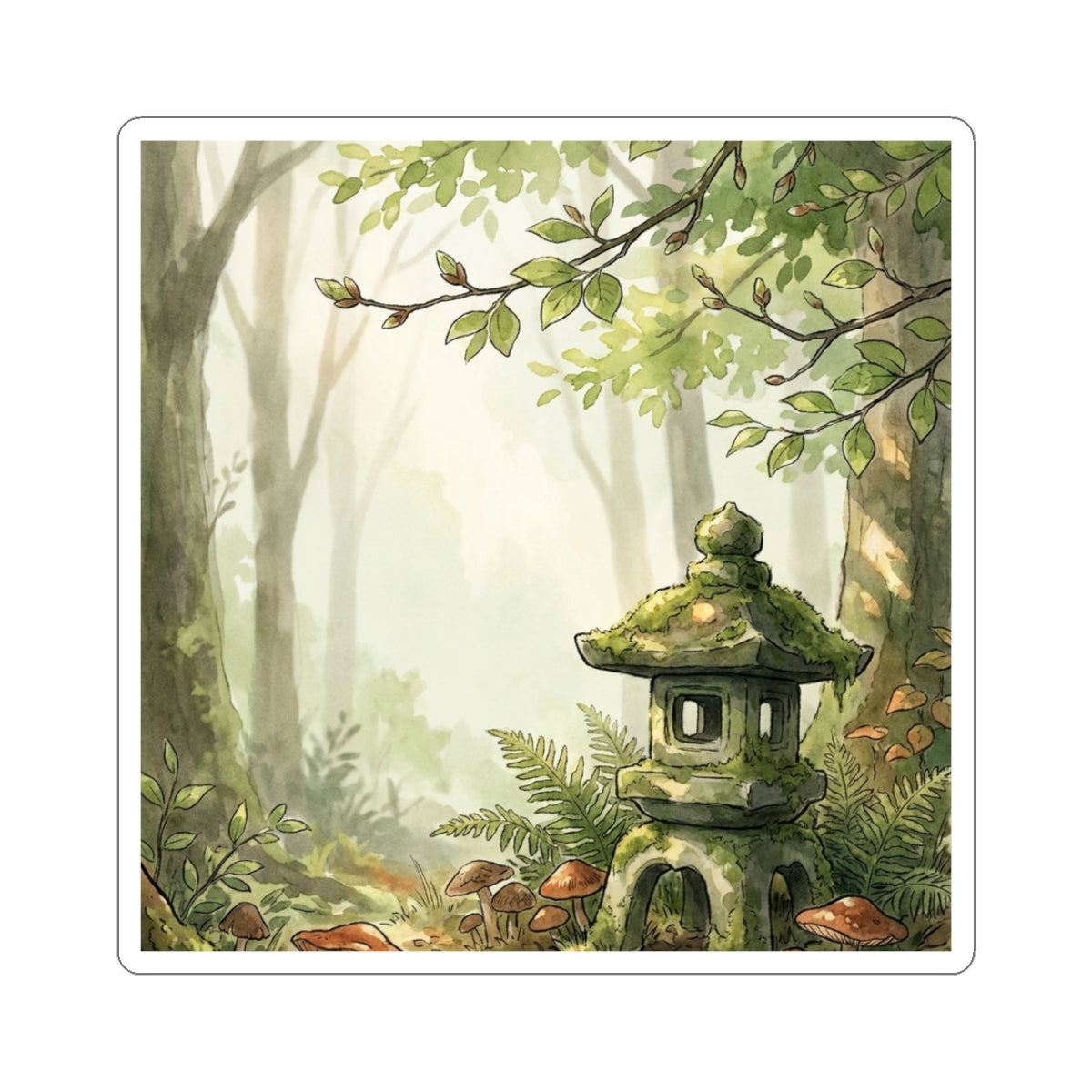 Spring Stone Lantern Mushroom Illustration Sticker | Enchanting Decor