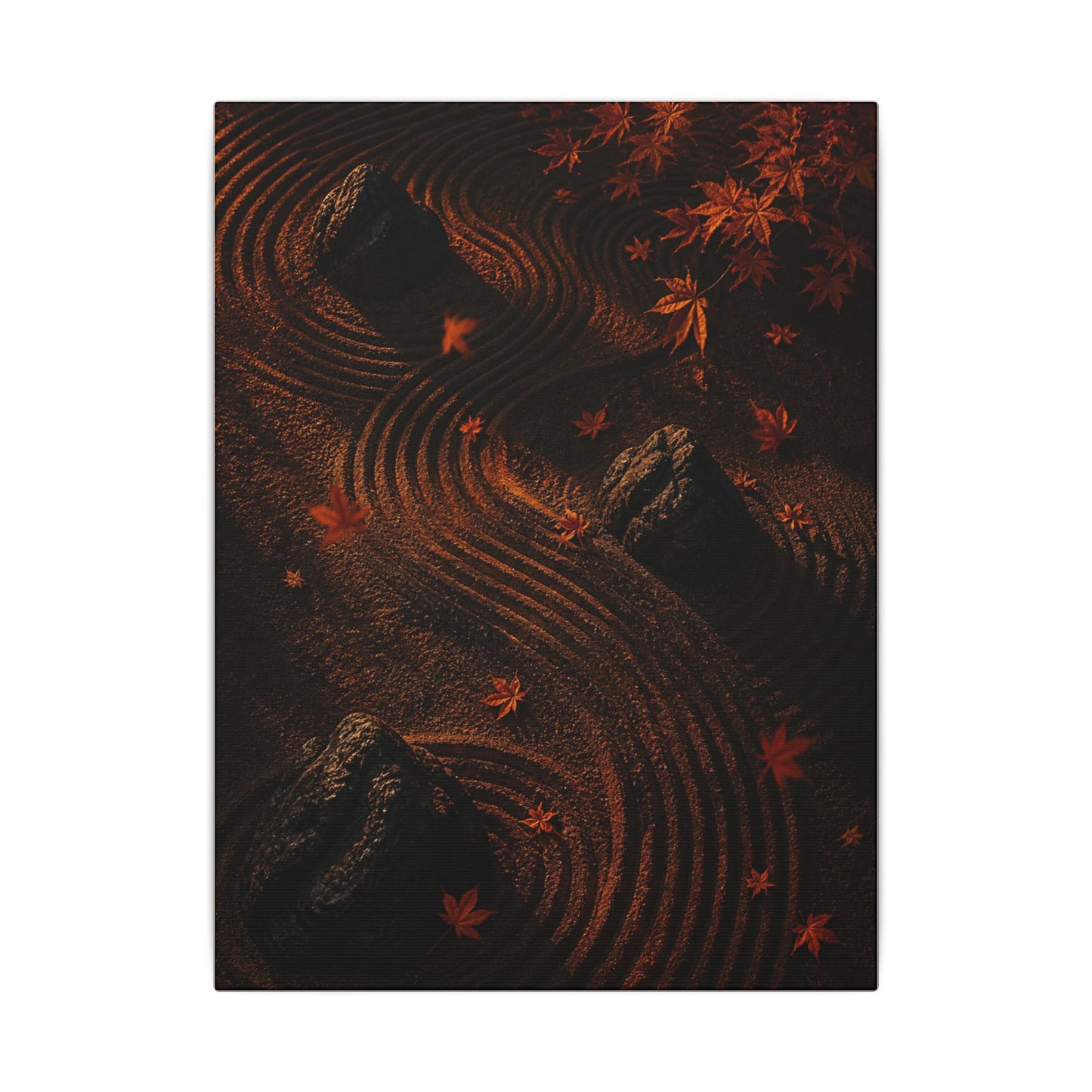 Dark Japandi Rock Garden in Golden Hour | Charcoal Ink Canvas Art