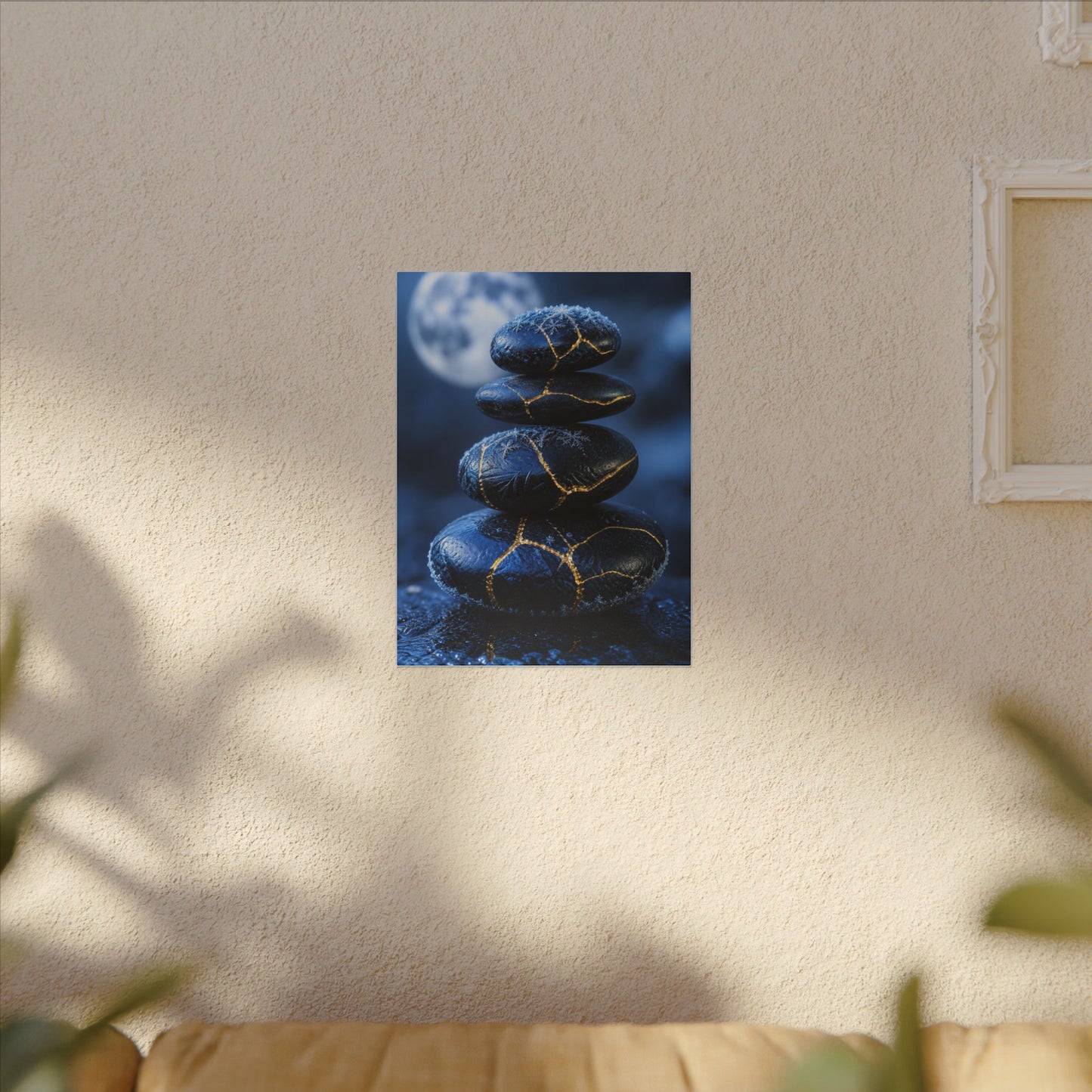 River Stones Canvas Art | Winter Kintsugi Gold Repair Art