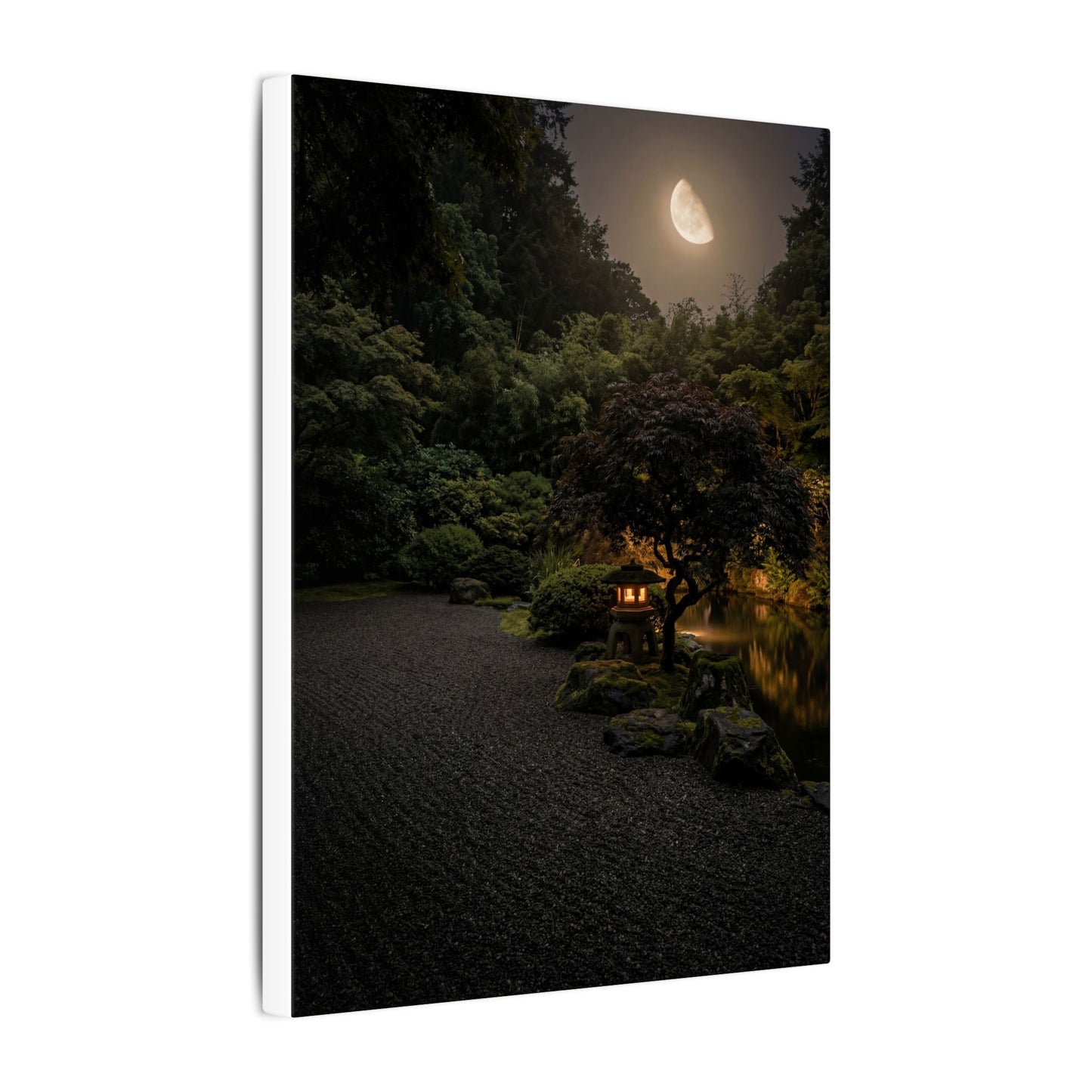Dark Japandi Moonlit Garden in Golden Hour | Moody Minimal Canvas Art