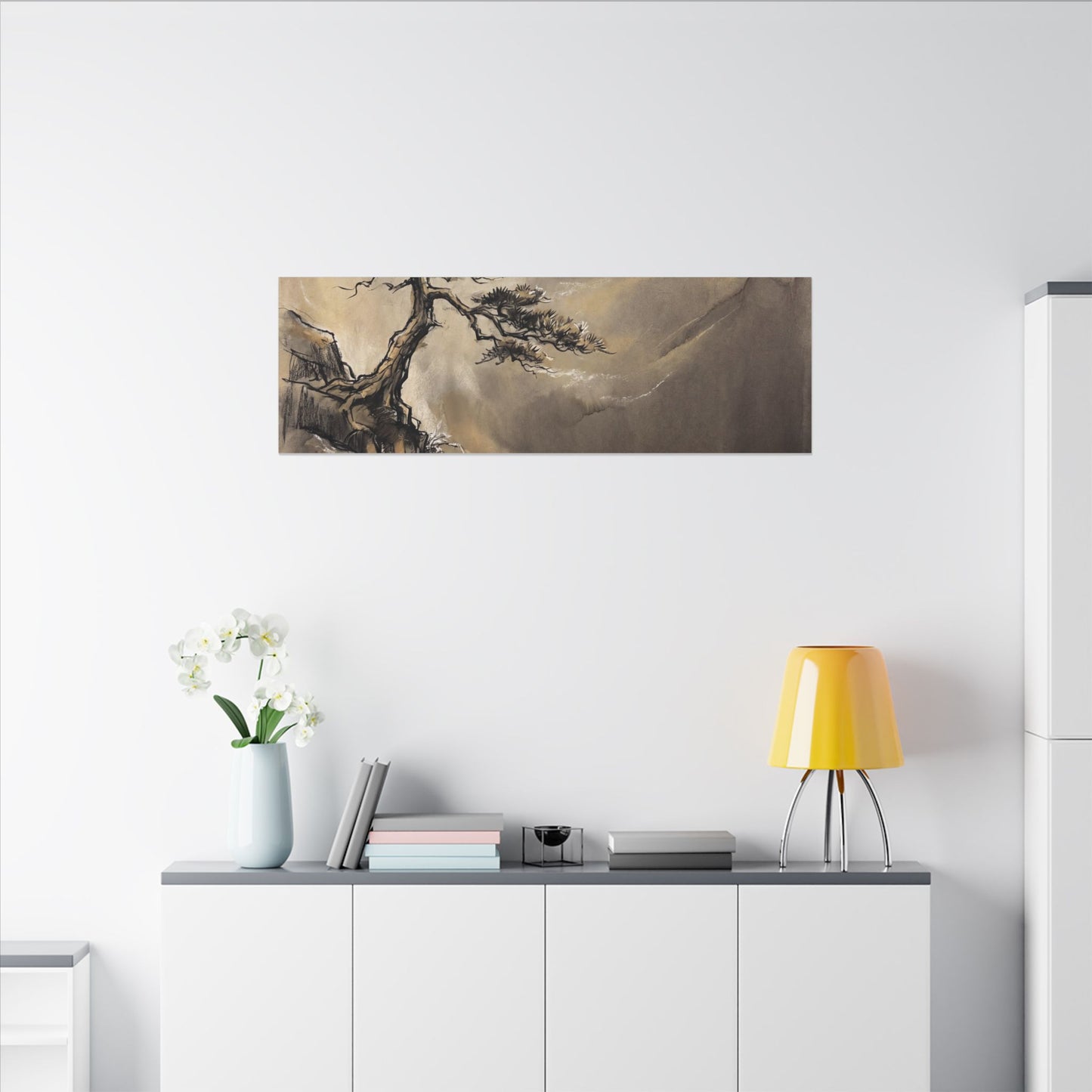 Pine Tree Charcoal Ink Canvas Art | Luxurious Dark Japandi Art