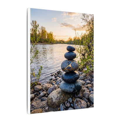 Kintsugi River Stones in Golden Hour | Gold Vein Canvas Art