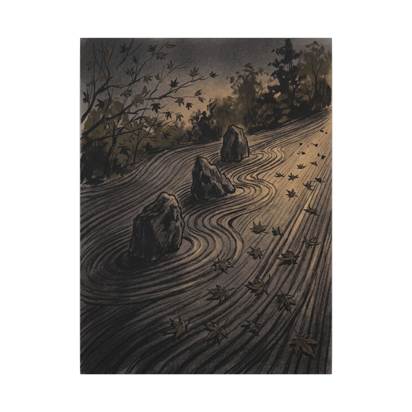 Rock Garden Canvas Art | Autumn Dark Japandi Charcoal Ink Art