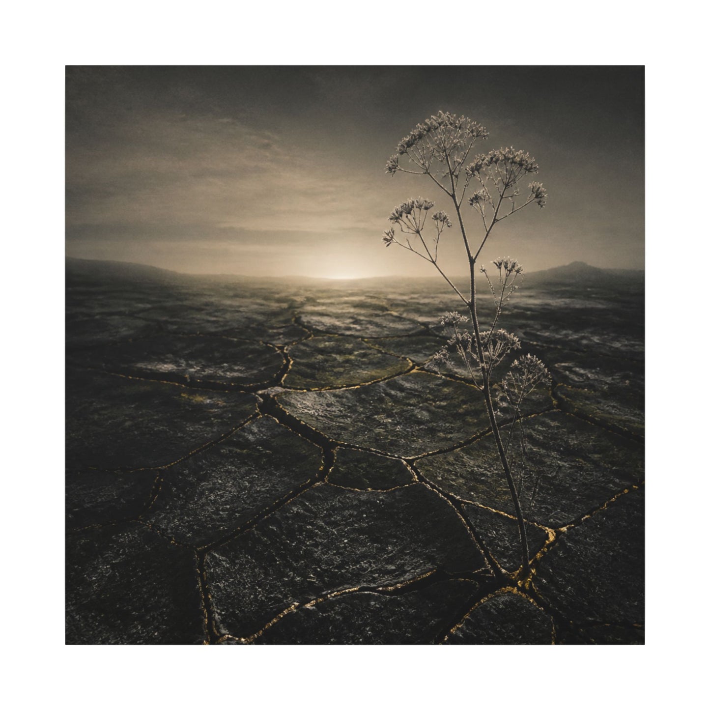 Dawn Cracked Earth Canvas Art - Dark Japandi Mono No Aware