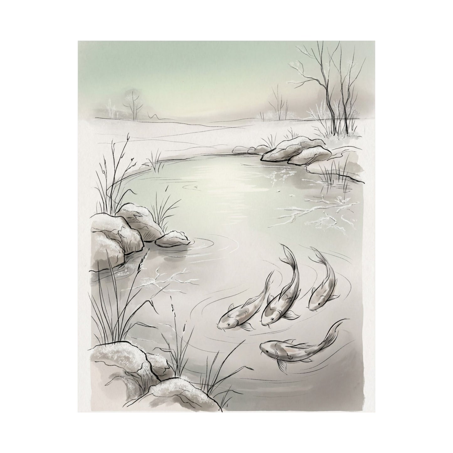 Japandi Koi Pond in Dawn | Minimal Line Wall Art Print