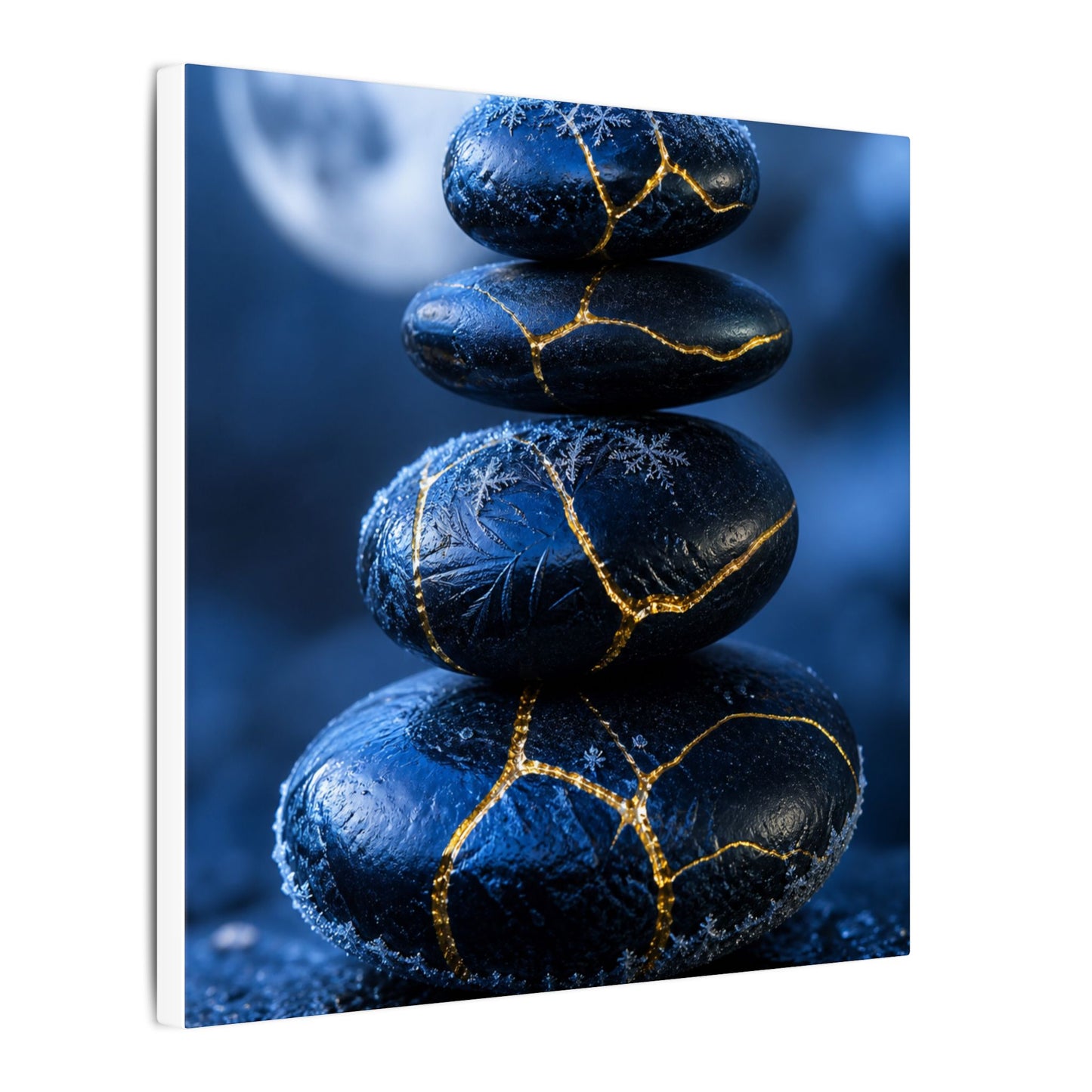 River Stones Canvas Art | Winter Kintsugi Gold Repair Art