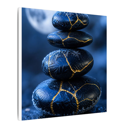 River Stones Canvas Art | Winter Kintsugi Gold Repair Art