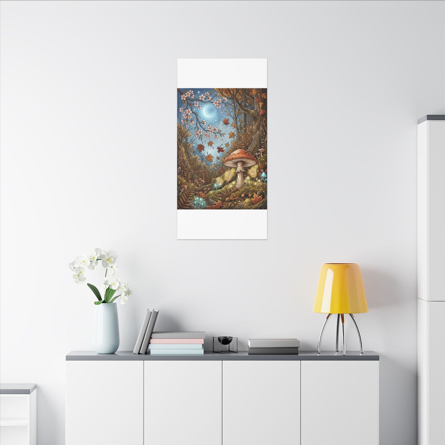 Autumn Cherry Blossom Mushroom Illustration Canvas Art | Enchanting Decor