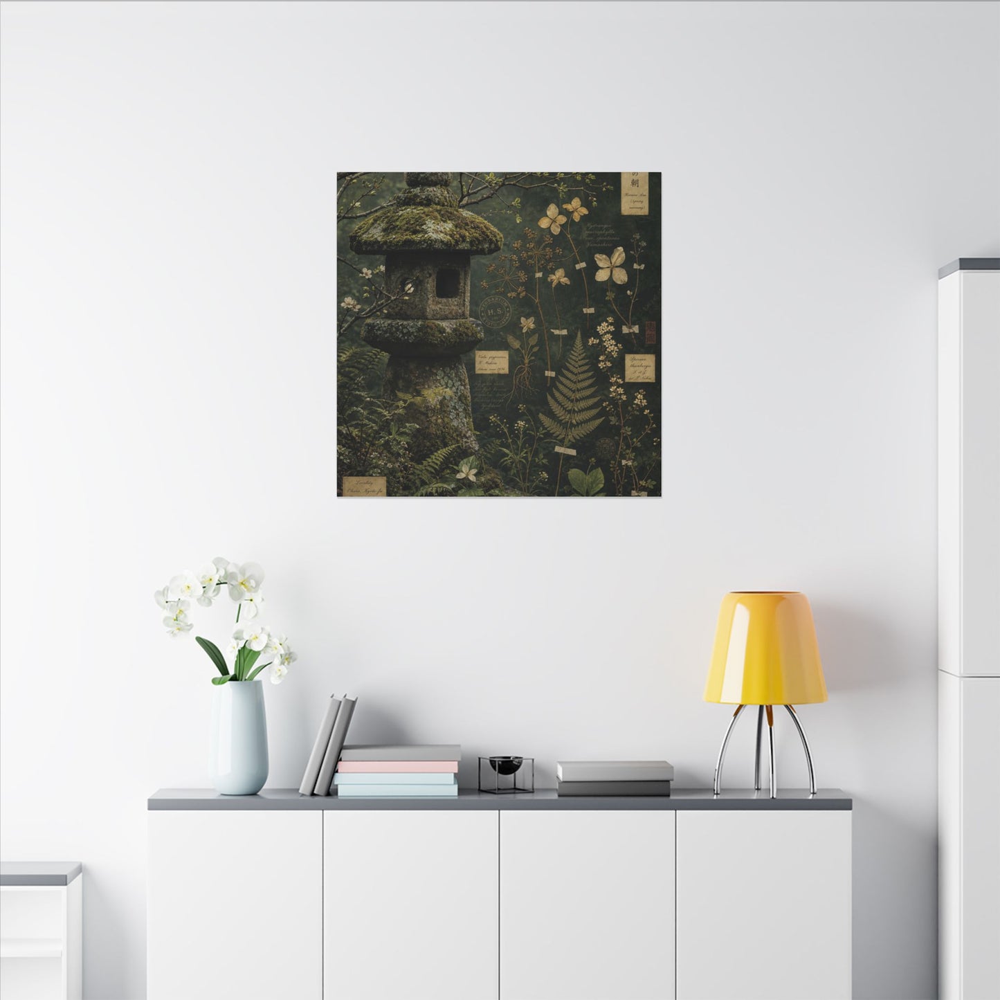 Spring Stone Lantern Herbarium Canvas Art | Nostalgic Decor
