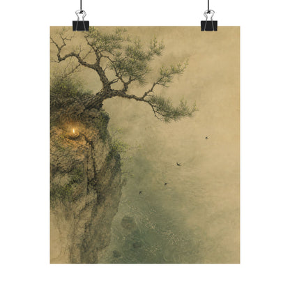 Japandi Pine Tree in Candlelight | Minimal Line Wall Art Print