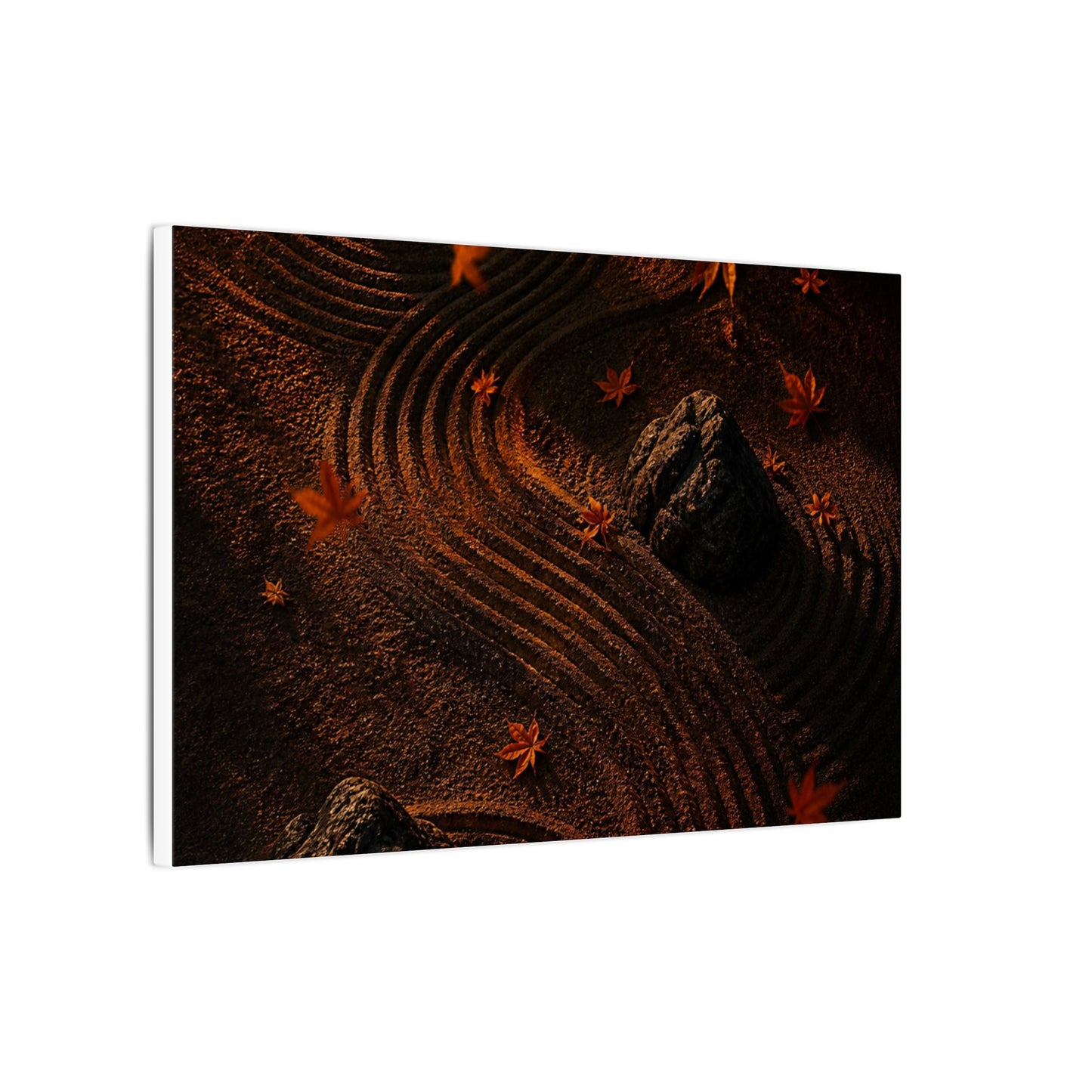 Dark Japandi Rock Garden in Golden Hour | Charcoal Ink Canvas Art
