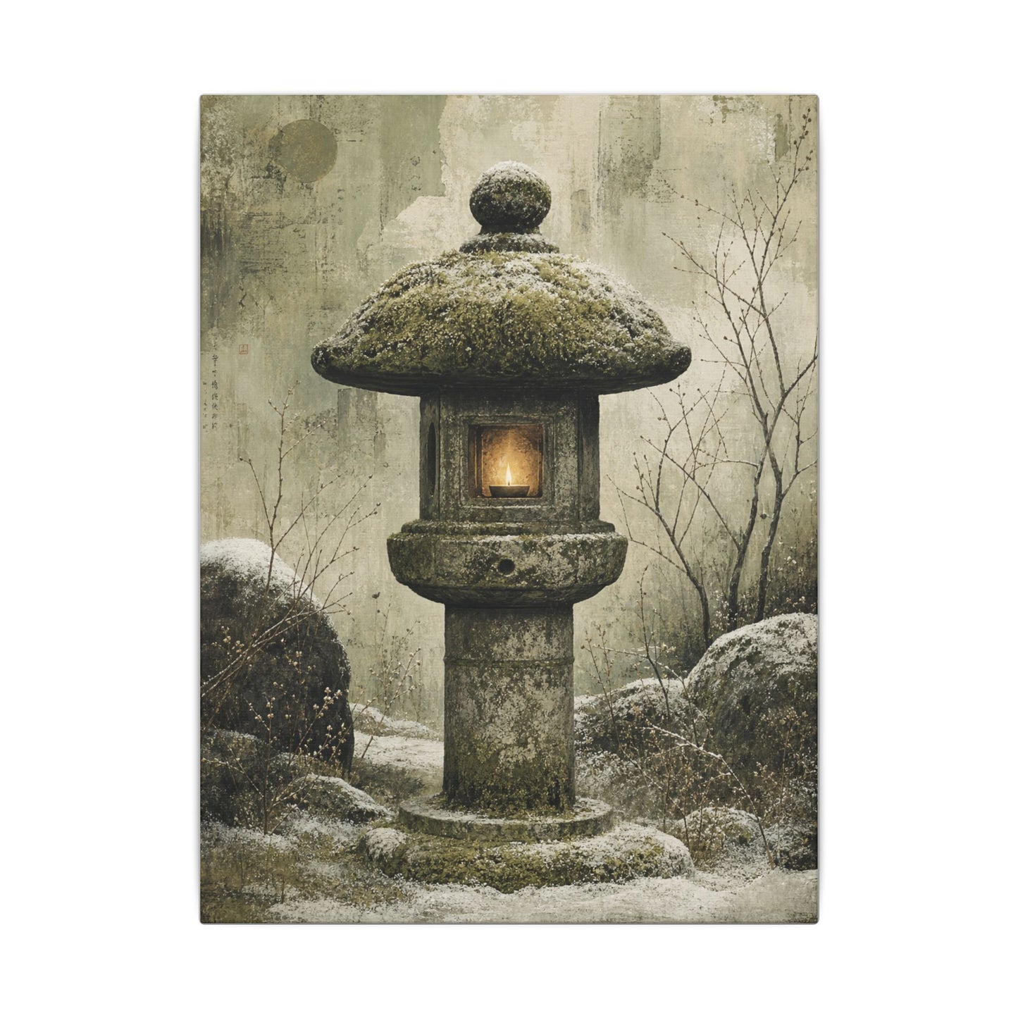 Stone Lantern Winter Canvas Art | Japandi Neutral Design