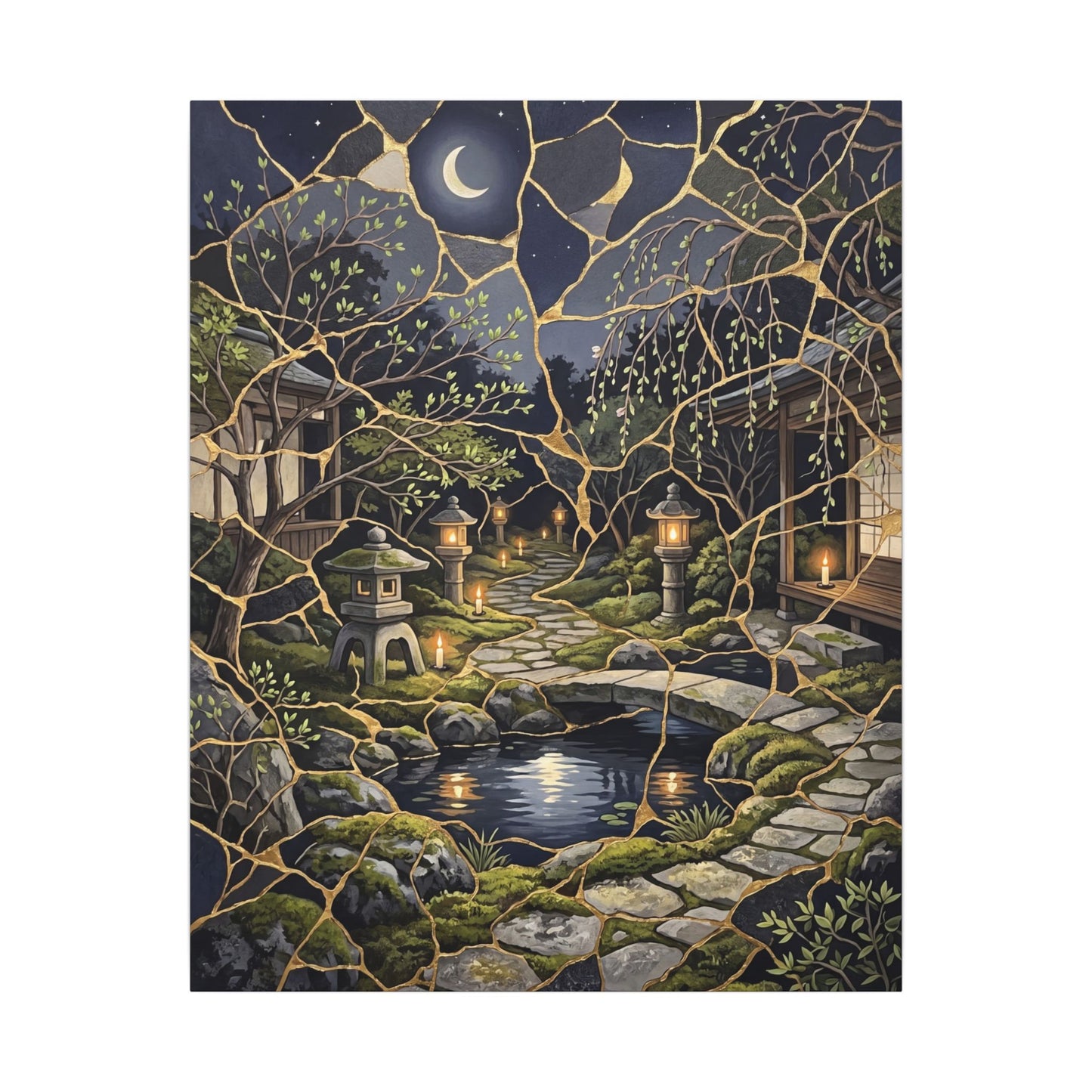 Kintsugi Moonlit Garden in Candlelight | Gold Vein Canvas Art