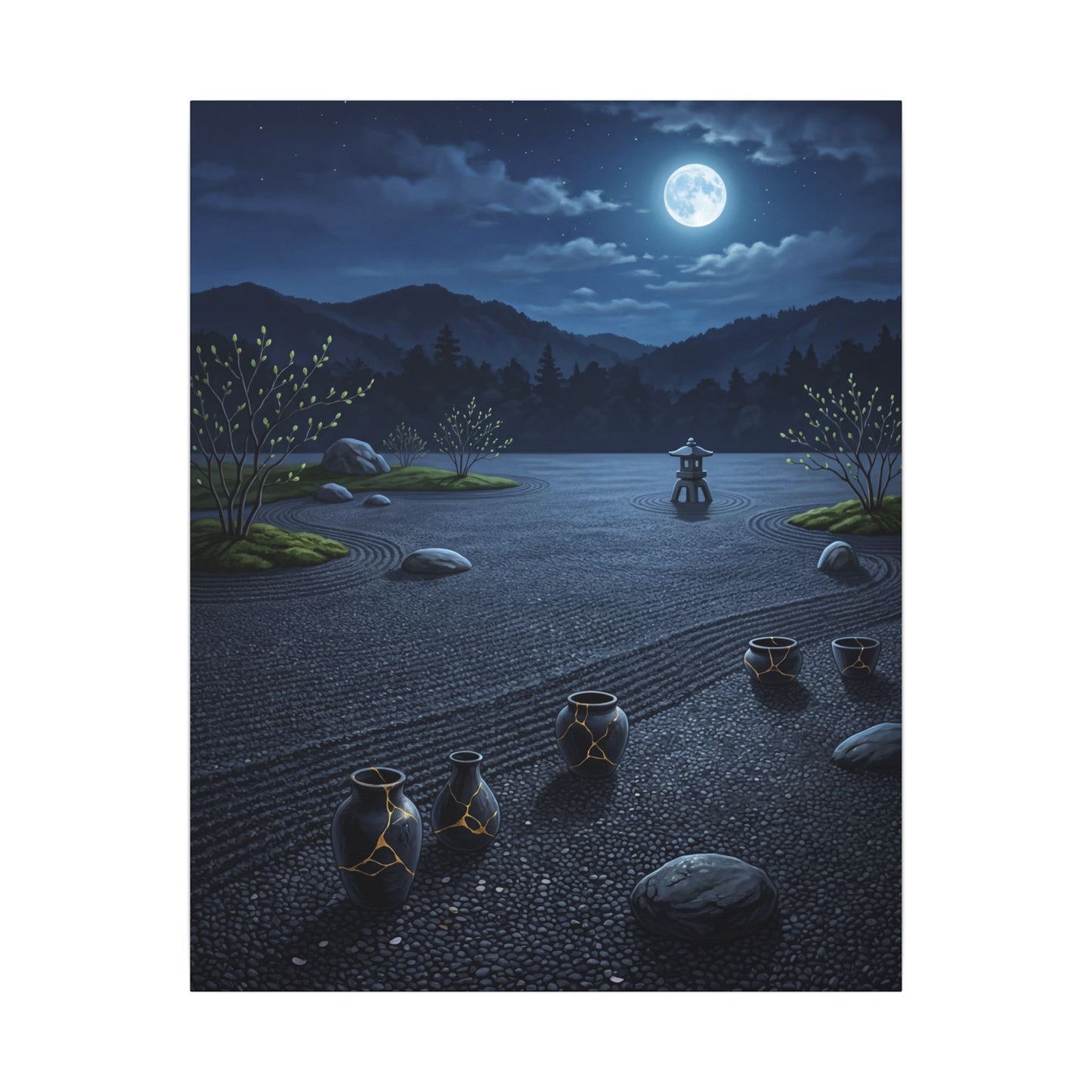 Kintsugi Moonlit Garden in Moonlight | Gold Repair Canvas Art