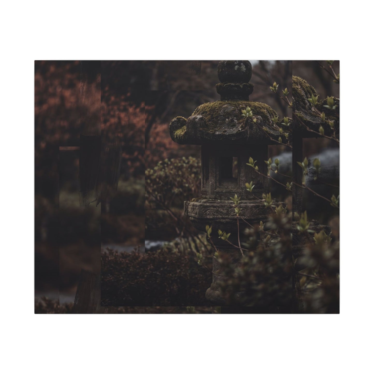 Stone Lantern Spring Canvas Art | Dark Japandi Bold Design