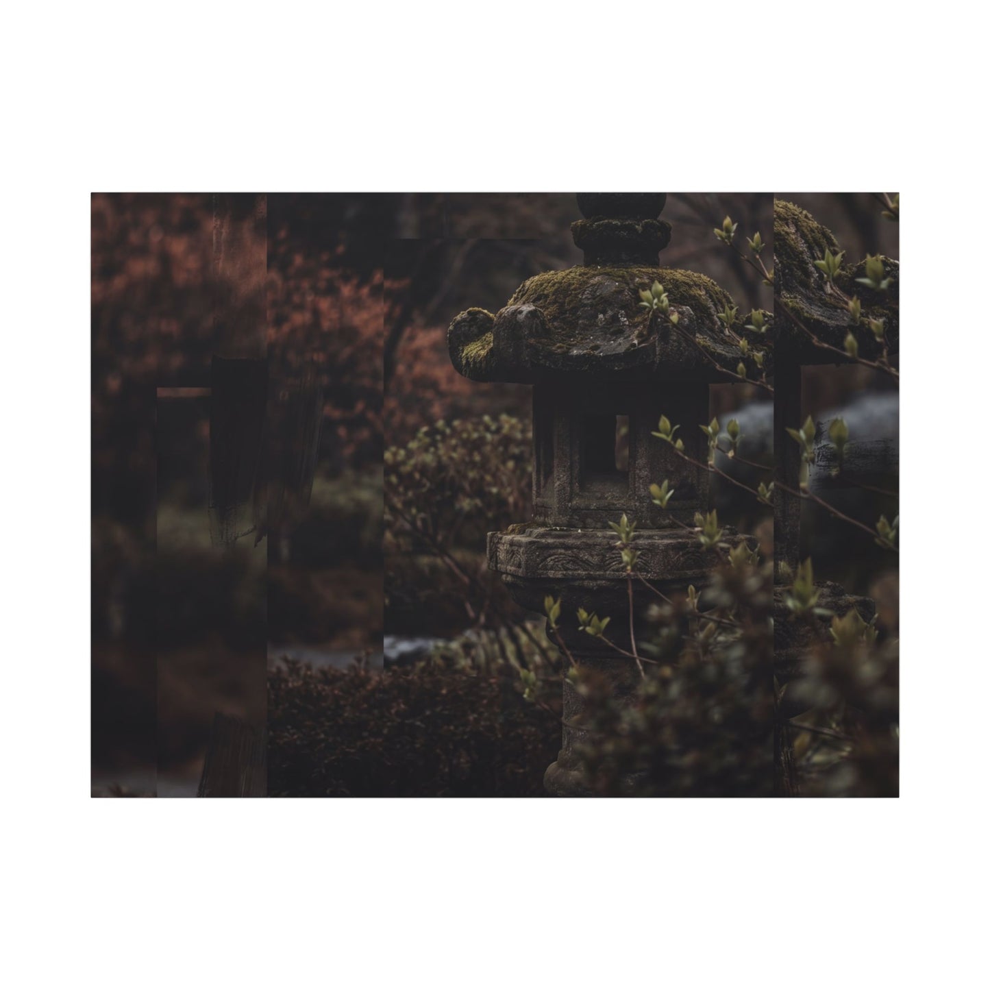 Stone Lantern Spring Canvas Art | Dark Japandi Bold Design