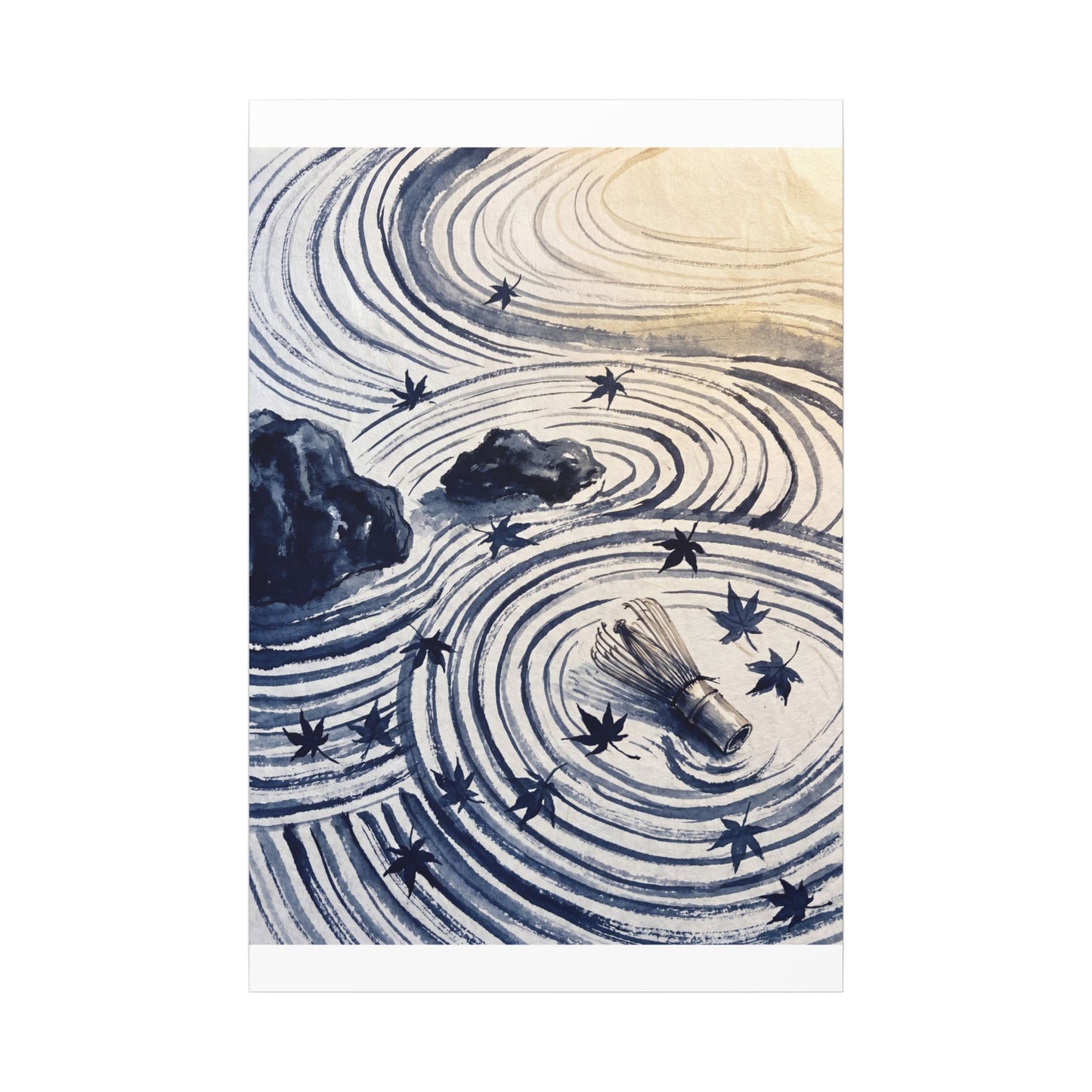 Zen Rock Garden in Golden Hour | Sumi E Canvas Art
