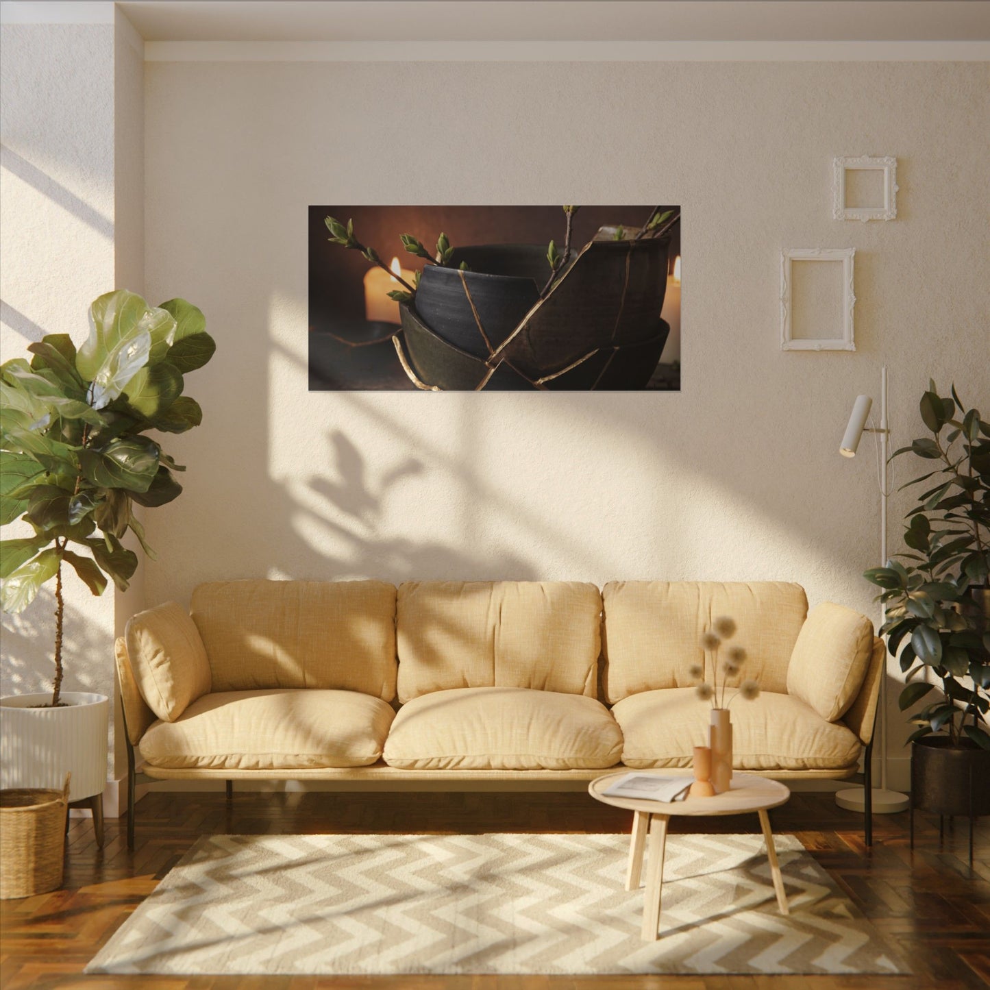 Broken Pottery Spring Canvas Art | Dark Japandi Luxurious Design